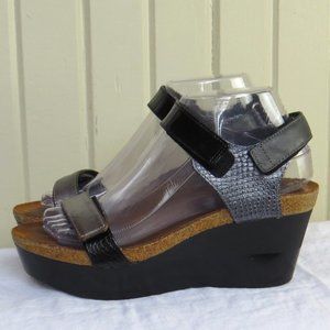 NAOT Miracle Platform Wedge Sandals SIZE 38 (7/7.5) Black, Gray Metallic